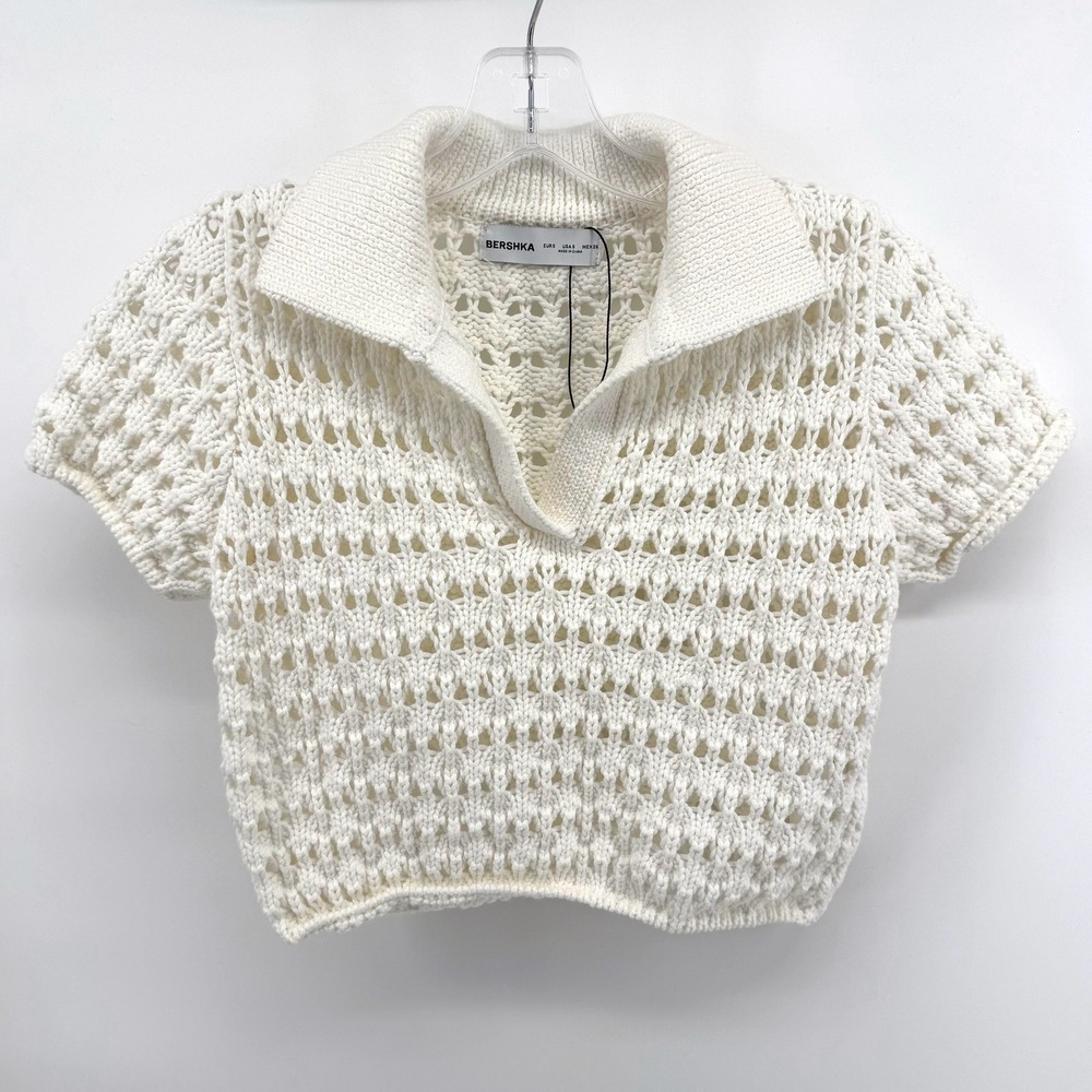Bershka Polo Sweater Womens S Cream Open Knit Crochet Cropped Short Sleeve Boho